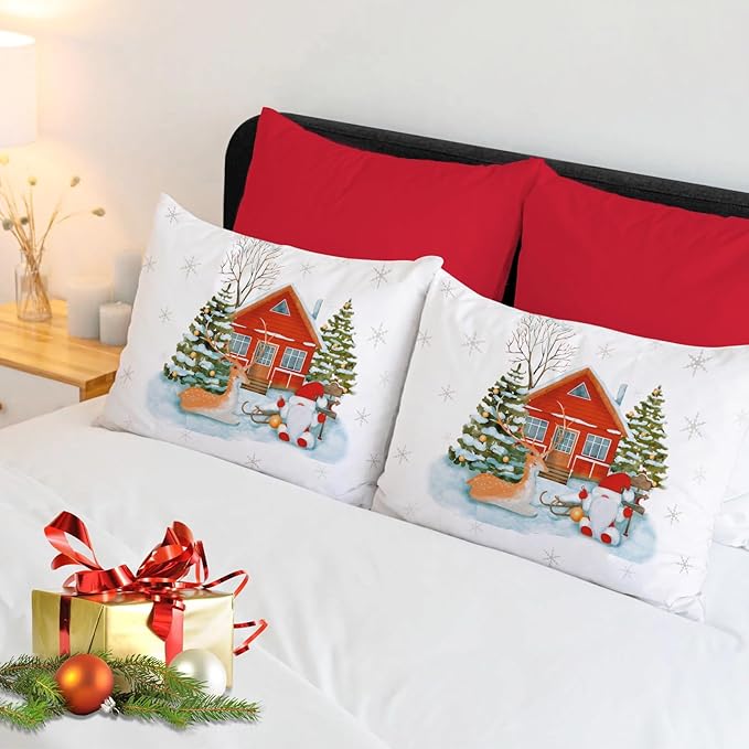 YIYEA Christmas King Size Pillow Cases Set of 4, Ultra Soft Double Brushed Microfiber Red Pillowcases and Christmas Pillow Covers, Envelope Closure, Fade Resistant (20"x36")