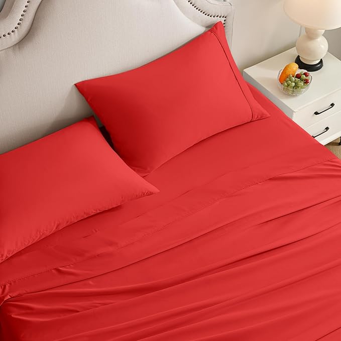 Twin Sheets Set, 3 Pieces Hotel Luxury Soft Microfiber Bed Sheets Set, Up to 16" Deep Pockets, Oeko-Tex Sheets with Elastic, Breathable, Wrinkle Free (Red, Twin)
