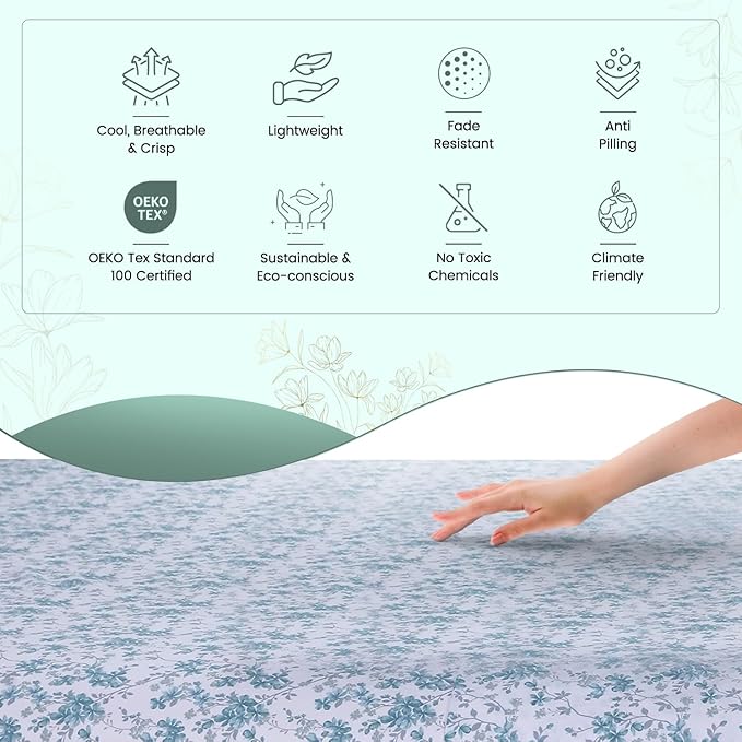 Feather & Stitch Softest 100% Cotton Sheets, 300 Thread Count Percale Weave Bedding, 16" Deep Pocket, Cooling Sheets, Breathable Bed Set, Hotel Premium Quality (Queen, Blue Floral)