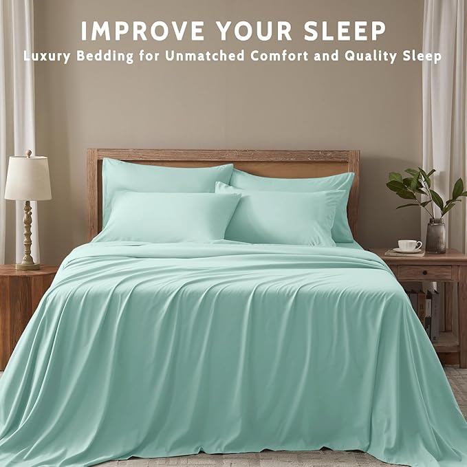 Full Size Bed Sheets - 6 Piece Soft Microfiber and Wrinkle Free Sheets - Easy Care, Extra Soft, Cooling Sheets - 1 Deep Pocket Fitted Sheet 1 Flat Sheet and 4 Pillowcases (Full Spa Blue)