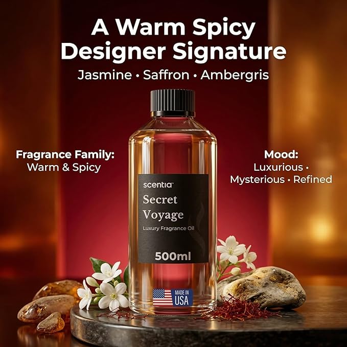 Scentia Secret Voyage Amber Fragrance Oil for Diffusers – Luxury Jasmine & Saffron Home Scent with Cedar & Ambergris – Diffuser Oil for Ultrasonic, Cold Air & Waterless Diffusers – 500 ml (16.9 fl oz)