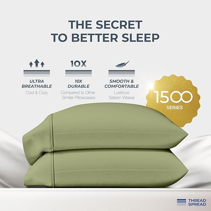 THREAD SPREAD 100% Egyptian Cotton Pillow Cases Queen Size Set of 2 - Luxury 1500 Series Queen Pillow Cases (Sage Green), Soft Cooling Envelope Closure Hotel Quality Egyptian Cotton Pillowcases