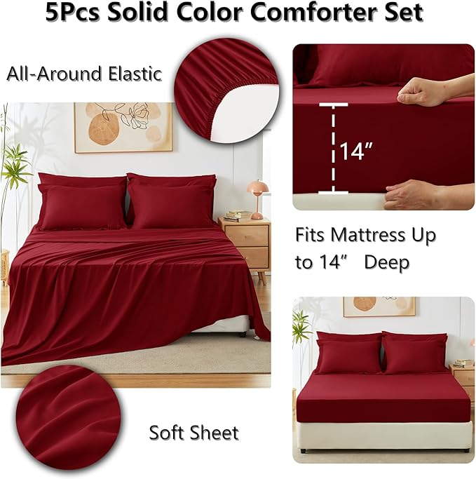 CozyLux Twin XL Comforter Set Dark Red, 5 Pieces Bed in a Bag Twin Extra Long Comforter Set with Sheets for College Dorm, Luxury Bedding Sets with Down Alternative Comforter, Sheets, Pillowcase & Sham