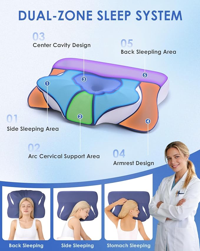 Cervical Neck Pillow for Back Side Sleepers, Memory Foam Double-Side Ergonomic Contoured Pillows with Cooling Pillowcase, Mellow Sleep Pillows for Sleeping, Pillow for Neck and Shoulder