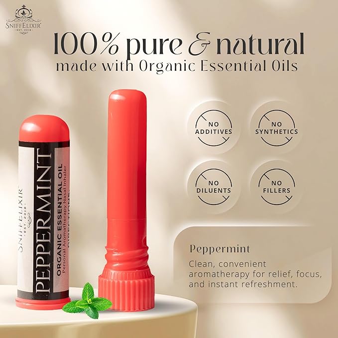 Peppermint Oil Aromatherapy Nasal Stick Vapor Inhaler for Migraine Relief - Nausea & Motion Sickness, USA Made with Organic Essential Oils, Tension Headache