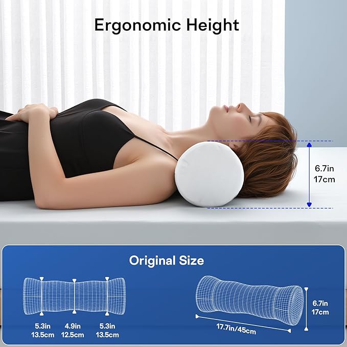 Neck Roll Pillow - Memory Foam Round Neck Pillow for Sleeping - Cooling Cover Cervical Roll Pillow - Ergonomic Bolster Pillow for Neck, Leg, Back, Yoga, Relaxing (Grey White)