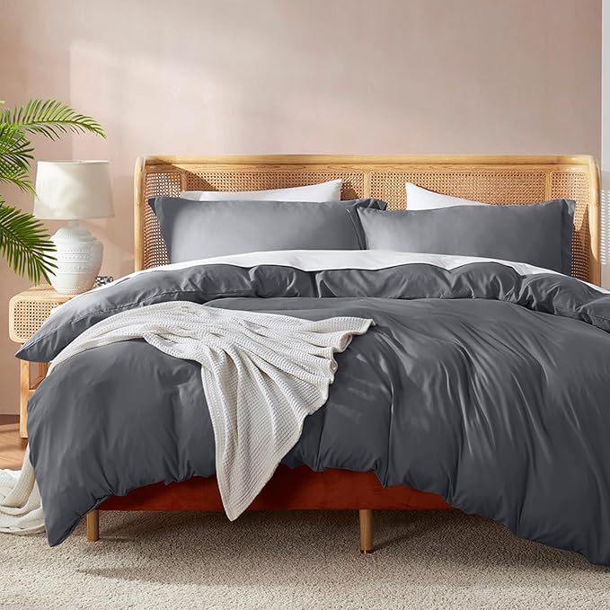 Nestl Twin Duvet Cover Set with Comforter Insert - Dark Grey 3 Piece 68x90 Duvet Cover & 1 Pillow Sham with White Quilted Down Alternative Comforter, Ultra Soft, All Season