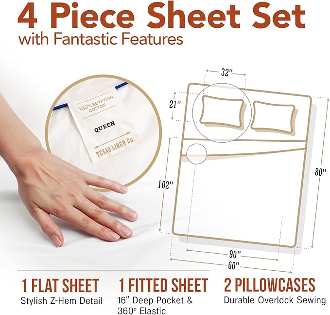 TEXAS LINEN CO. Luxury Egyptian Cotton Queen Size Sheet Set - Texan Talkin' Collection 600 Series 4 PC Deep Pocket Fitted and Flat Sheets, Cooling Extra Long Staple Sateen Hotel Bedding - Beige