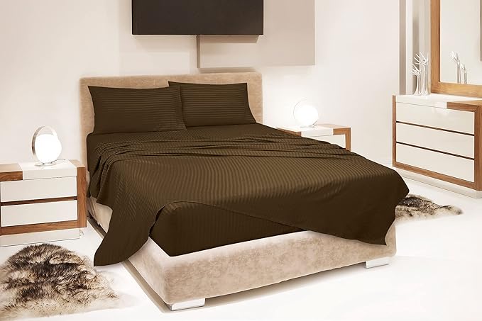 ROYALE LINENS 4 Piece Cal King Sheets Set - Soft Brushed Microfiber - 1 Fitted, 1 Flat Sheet, 2 Pillowcases - Wrinkle Free & Fade Resistant - Hotel Luxury Bed Sheets (Stripe Chocolate, Cal King)