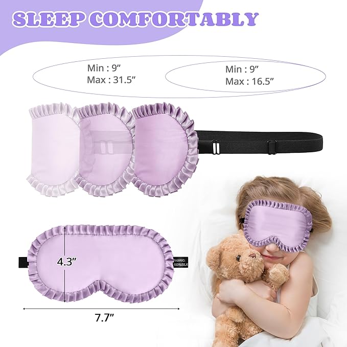 Kids Sleep Mask Eye Cover, 100% Real Mulberry Silk Sleep Mask with Adjustable Strap, Kids Blindfold for Sleeping, Boys Girls Eye Shade for Ages 5+, Soft and No Pressure (Purple)