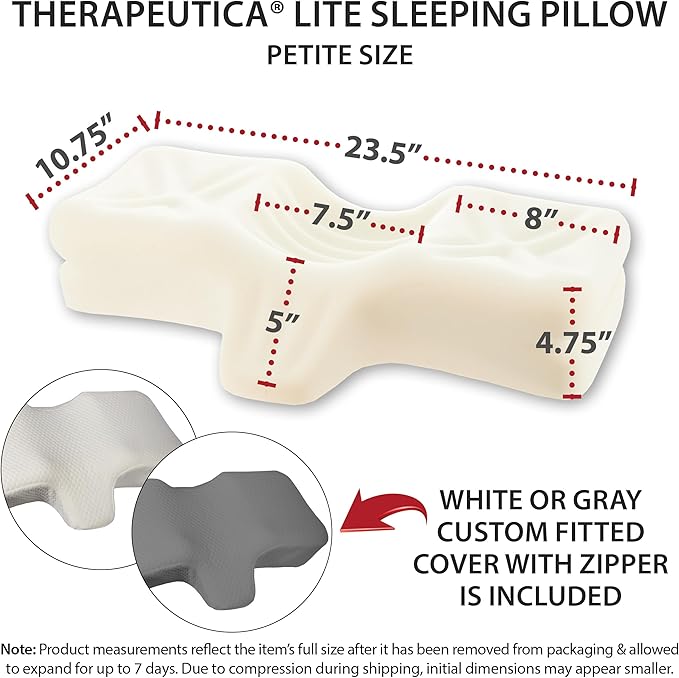 Therapeutica Lite Cervical Orthopedic Foam Pillow - Neck Support Pillow for Side & Back Sleepers - Ergonomic Pillow for Neck Support, Relief, & Spinal Alignment – Petite Size, Medium Firmness, Gray