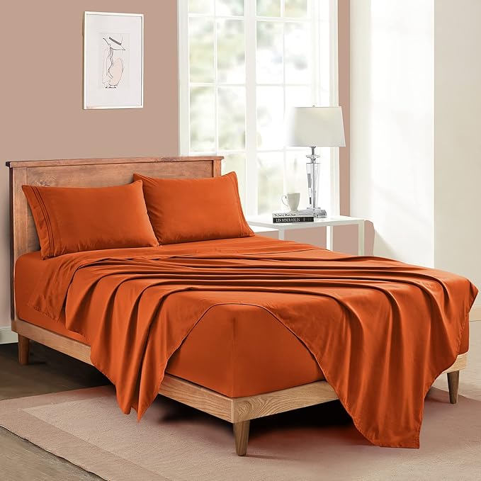 Manyshofu Extra Deep Pocket King Size Sheets - Hotel Luxury 1800 Thread Count Sheets & Pillowcases - Microfiber Bedding Set up to 24" Mattress - Burnt Orange Bed Sheets 18-24 Inch Deep Pockets - 4Pcs