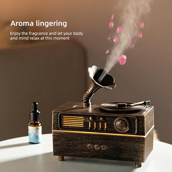 Daroma Essential Oil Diffuser, Retro Phonograph Design with Music Player, 7-Color LED Lights, Low-Noise Aromatherapy Humidifier for Home Office, Unique Gift Idea (Bronze)