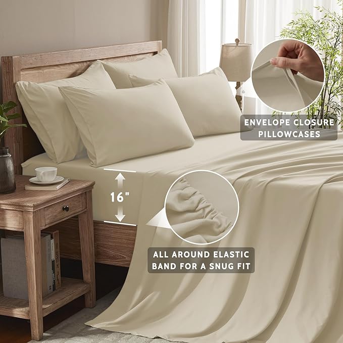 Queen Sheet Set - 6 Piece Sheets Queen Size Bed Set - Breathable & Cooling Hotel Luxury Bedding Set - Soft & Comfy Fully Elasticized 16" Deep Pocket Queen Sheets (Queen Beige)