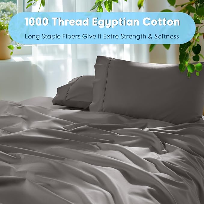 SONORO KATE 100% Egyptian Cotton Sheets Set - 1000 High Thread Count, Luxury 5-Star Hotel Sateen Bed Sheets, Soft, Breathable Long Staple Sheets, Fit up to 16" - 4 PC (Dark Grey,California King)
