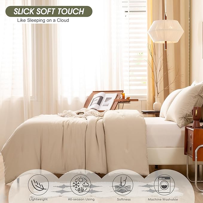 Comforter Set Full Size Bedding, Super Soft Comfy Cozy Solid Double Bed Blanket 1 Down Alternative Comforter and 2 Pillowcase Fluffy Softness Light Weight All Season Use, Khaki Beige