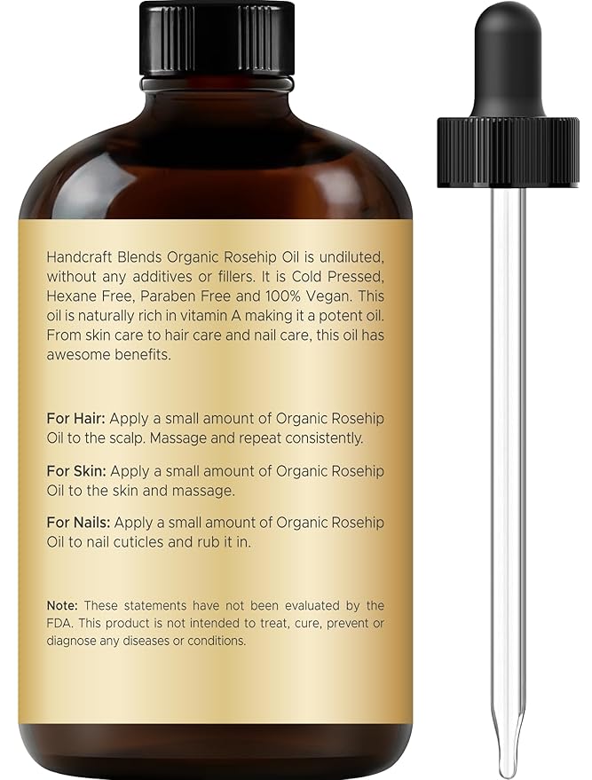 Handcraft Blends Cold-Pressed Organic Rosehip Oil | 4 Fl Oz | 100% Pure and Natural | Premium Grade Oil | Face, Skin and Hair | Protect | Nourish | Carrier Oil