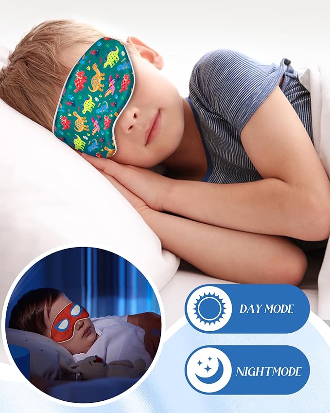 Miss Adola Sleep Mask for Kids - Cute Kawaii Cartoon Silk Sleeping Mask with Adjustable Strap Soft Smooth Light Eye Mask for Sleeping Silk Kids Eye Cover for Boys Girls Teens, Green Dinosaur