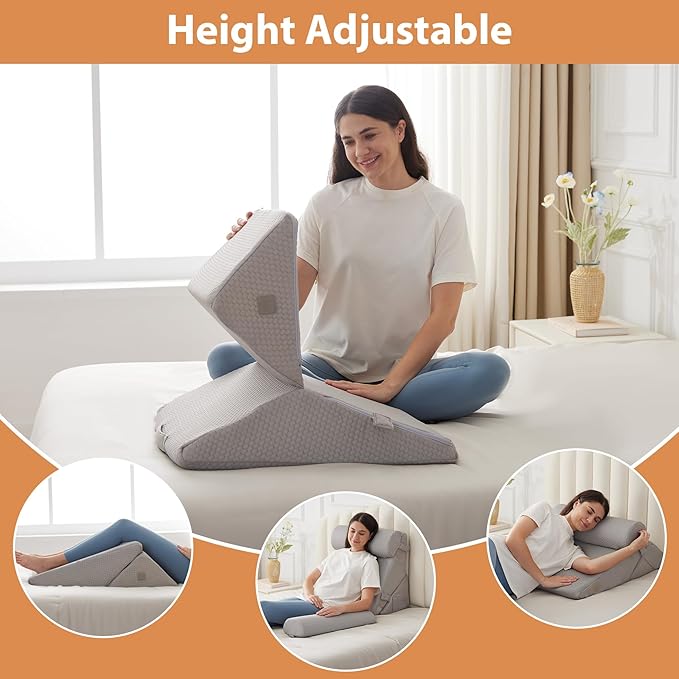 BIEEZZK 4PCS Wedge Pillow Set for After Surgery, Back Pillow for Bed Sitting up, 9&12inch Adjustable Memory Foam Bed Wedges, Pillow Wedge for Acid Reflux, Back Pain Relief, Snoring, Grey