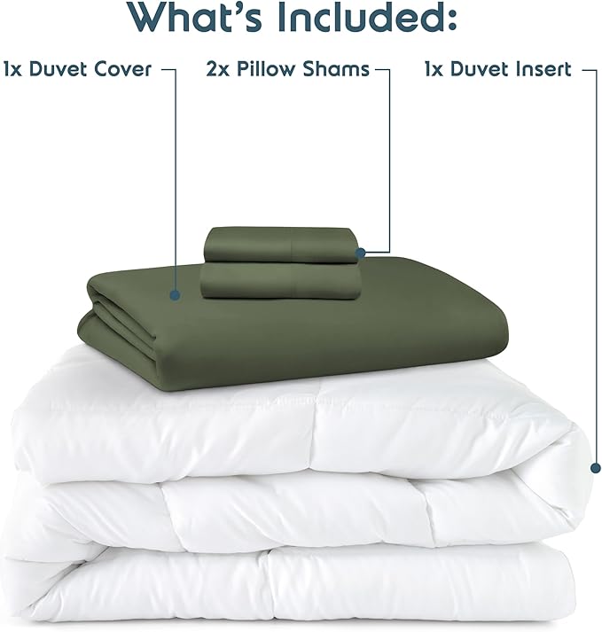 Nestl California King Duvet Cover Set with Comforter Insert - Olive Green 4 Piece 104x98 Duvet Cover & 2 Pillow Shams with White Quilted Down Alternative Comforter, Ultra Soft, All Season
