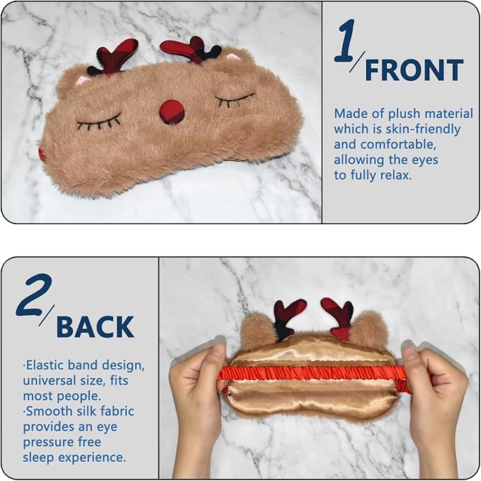 Cute Animal Sleeping Mask Sleep Mask, Xmas Reindeer Soft Plush Eye Mask for Travel Nap Funny Rudolph Blindfold Eye Cover Eyeshade for Adult Kids Girls Teens Men Women - Reindeer, Red & Brown