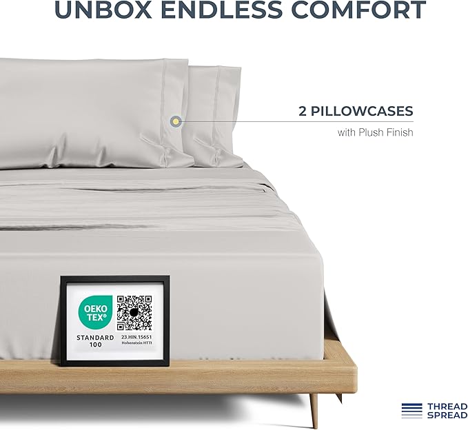 THREAD SPREAD 100% Egyptian Cotton King Size Pillow Cases Set of 2 - Luxury 1500 Series Pillow Cases King Size (Light Grey), Soft Cooling Envelope Closure Hotel Quality Egyptian Cotton Pillowcases