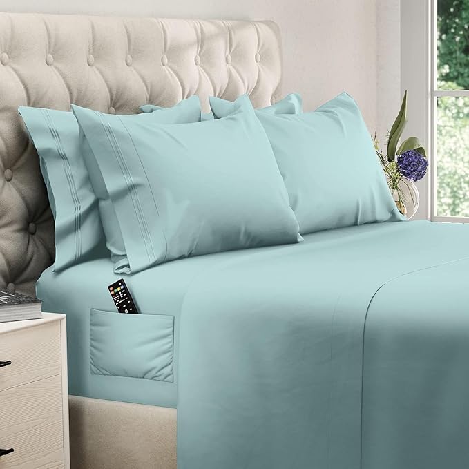 DREAMCARE King Size Sheets Set - 6 pcs Breathable Cooling Bed Sheets - up to 15" Deep Pocket King Sheet Set with Side Pockets - Extra Soft 100% Brushed Hypoallergenic Hotel Luxury Bedding - Spa Blue