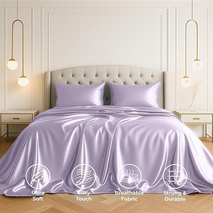 Satin Sheets Queen [4-Piece, Lavender] Hotel Luxury Silky Bed Sheets - Extra Soft 1800 Microfiber Sheet Set, Wrinkle, Fade, Stain Resistant - Deep Pocket Fitted Sheet, Flat Sheet, Pillow Cases