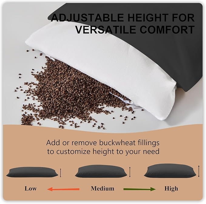 MIOTO Organic Buckwheat Pillow for Sleeping with Dual-Layer Pillowcase and Extra Tartary Buckwheat Hulls, Adjust Height and Firmness, Neck Support Pillow for Back and Side Sleepers 14"x20", Black