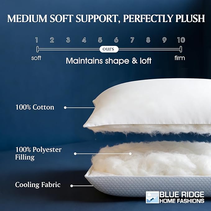 Blue Ridge Home Fashions Cooling Bed Pillows Queen Size Set of 2, Reversible Cooling & Cotton Fabric, Medium Firm, Down Alternative Breathable for Hot, Side, Back & Stomach Sleepers, 20" x 28"