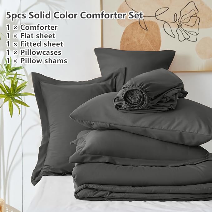 CozyLux Twin Comforter Set Dark Grey, 5 Pieces Bed in a Bag Twin Comforter Set with Sheets, Dark Gray Bed Sets with Down Alternative Comforter, Fitted Sheet, Flat Sheet, Pillow Sham and Pillowcase