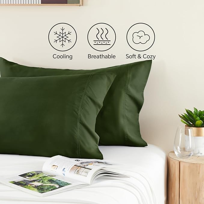 BEDELITE Olive Green Pillow Cases Queen Size Set of 2, Rayon Derived from Bamboo，Cooling Pillow Cases for Hot Sleepers & Night Sweats, Breathable and Silky Soft Envelope Pillowcases, 20"x30"
