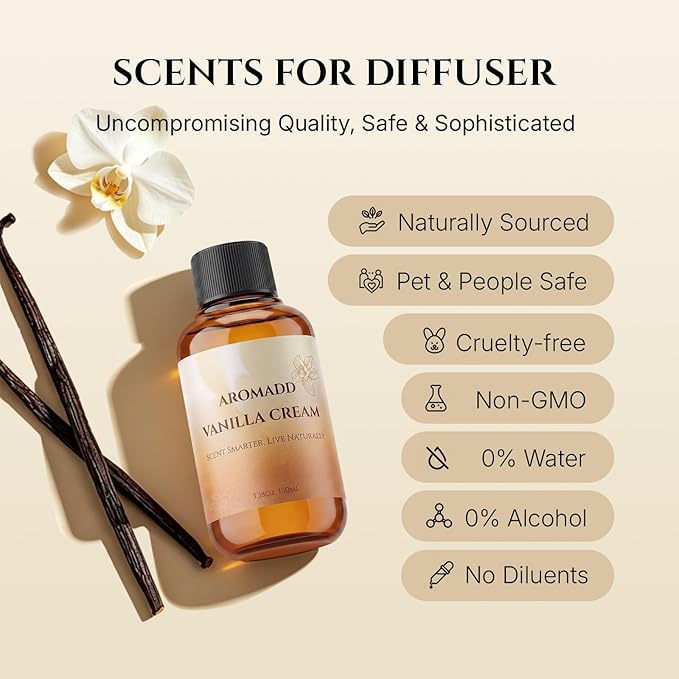 AROMADD Vanilla Cream Diffuser Oil, Warm Vanilla & Caramel Scent, Soft Sweet & Cozy Aroma, Long Lasting Fragrance Oil for Waterless Diffusers & Home Fragrance, 3.38 Fl Oz (100ml)