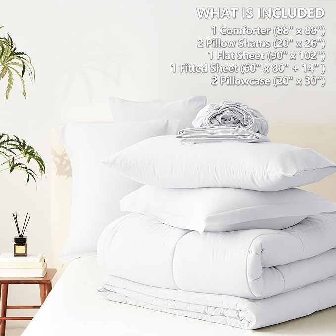 CozyLux Queen Comforter Set White - 7 Pieces Bed in a Bag Queen, All Season Breathable Bedding Sets, Oeko-Tex Certified Bed Set with Down Alternative Comforter, Sheets, Pillowcases & Pillow Shams