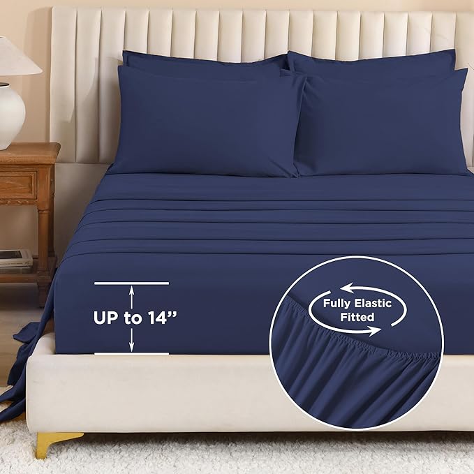 Litanika Full Size Comforter Sets Navy Blue - 7 Pieces Bed in a Bag Full Bedding Comforter Sets, Solid Lightweight Bed Set with Comforter, Sheets, Pillowcases & Shams