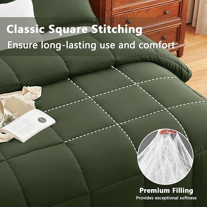 CozyLux Oversized King Comforter Set, 3 Pieces Olive Green 120x98 Box Stitched Design Soft Bedding Set, All Season Lightweight Breathable Bed Set with 1 Down Alternative Comforter and 2 Pillow Shams
