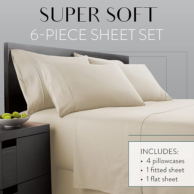 Danjor Linens Bed Sheet Set Full Size for Teens, Hotel Premium Sheets with 4 Pillowcases, Lightweight Brushed Microfiber Deep Pockets, Breathable Cooling 6 Piece Bedding Sets, Cream