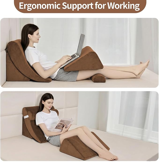 4PCS Orthopedic Bed Wedge Pillow Set for Post Surgery&Pain Relief,Adjustable Wedge Pillow for Back,Acid Reflux,Sitting up in Bed,Recovery,Snoring,Body Pillow for Sleeping (Brown)