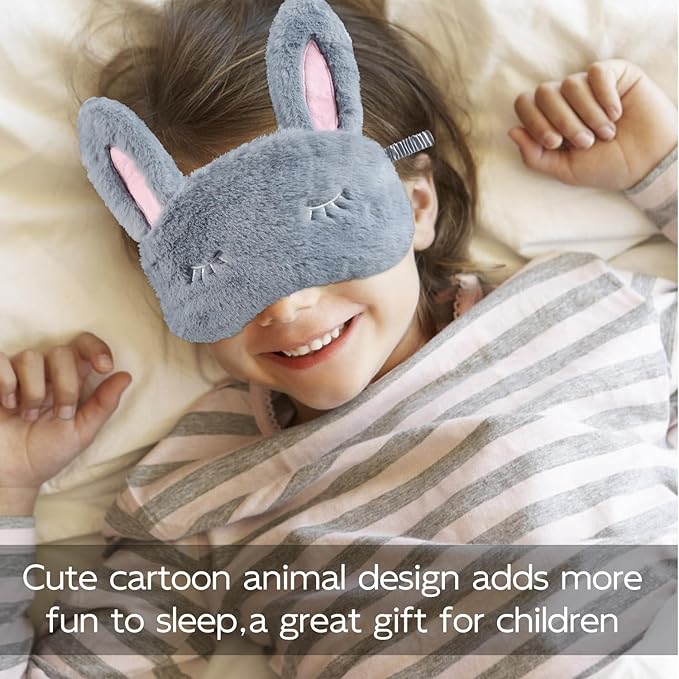 Cute Animal Sleeping Mask Sleep Mask, Soft Plush Rabbit Eye Mask for Travel Nap Sleeping Blindfold Eye Cover Eyeshade for Adult Kids Girls Teens Men Women - Rabbit, Gray