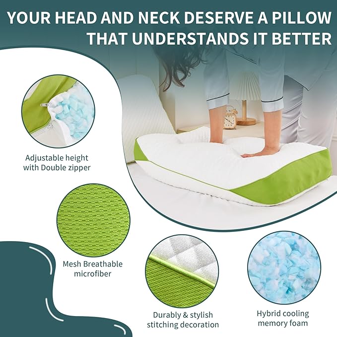 Luxury Hotel Cooling Pillow for Sleeping,Medium Firm Shredded Memory Foam Pillows Queen Size Set of 2,with Zipper Adjustable Supportive