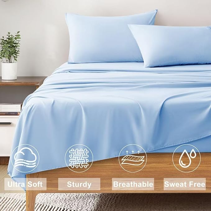 King Size 4 Piece Bed Sheet Set - Ultra Imitation Cotton-Hotel Luxury Bed Sheets Deep Pocket up to 15" - Premium Breathable & Cooling Sheets - Wrinkle, Fade, Stain Resistant (Light Blue, King)