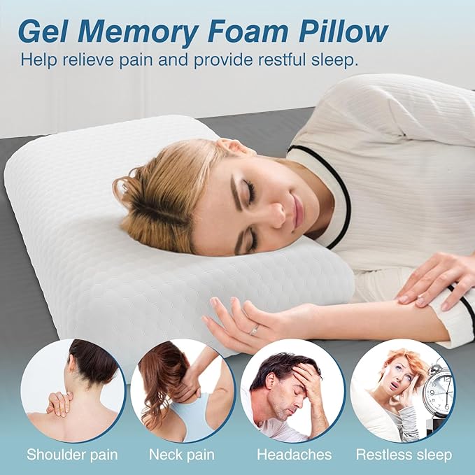 DUMOS Memory Foam Pillows for Sleeping 2 Pack, Bed Pillows for Adults with Washable Cover and Breathable Mesh, Gel Cooling Pillow for Back and Side Sleeper Support, White