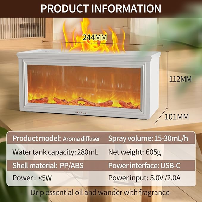 Fireplace Flame Air Diffuser Humidifier 280ml with Remote Control,7 Colors Aromatherapy Essential Oil Diffuser,Ultrasonic Aroma Humidifier with Timer for Home,Bedroom,Office,Yoga, White