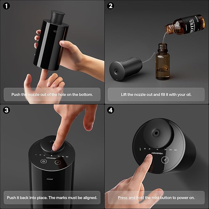 Airversa Waterless Essential Oil Diffuser Starter Kit with 2x20mL Hotel Fragrance Oils for Car Home Office, Cordless Battery Operated Scent Air Cool Mist Diffuser, Mist/Timers, Gift for Mom, Black Kit
