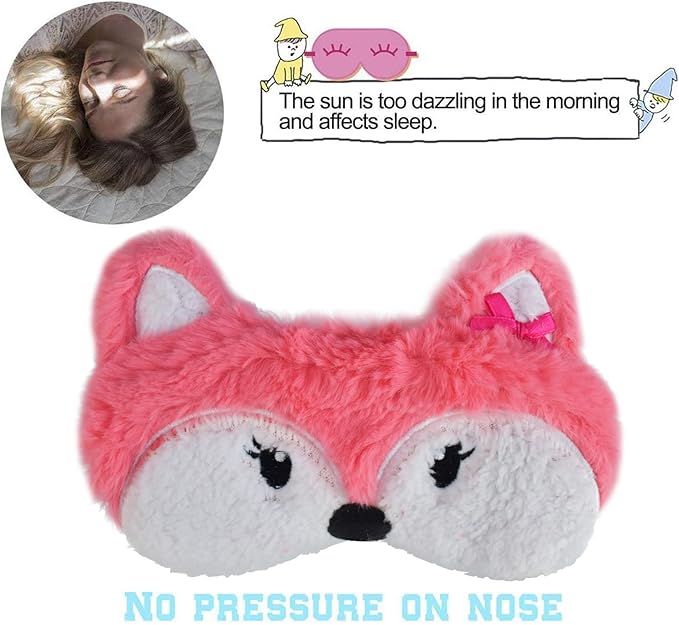 Cute Sleeping Mask, Pink Fox Soft Plush Fluffy Sleep Mask Men Cartoon Fox Blindfold Novelty Eye Cover Eyeshade Shade for Kids Girls and Adult Travel (Pink, Fox)