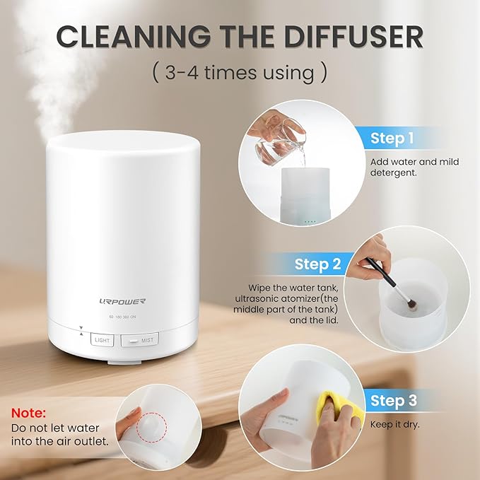 URPOWER 300ml Essential Oil Diffuser: Ultrasonic Aromatherapy Diffuser Quiet Auto Shut-Off, 4 Timer Settings(1H 3H 6H ON) & 7-Color Night Light Humidifier for Yoga Bedroom Living Room Office