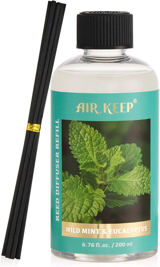 Airkeep Reed Diffuser Oil Refill with Diffuser Sticks, 6.76 Fl Oz(200ml) Wild Mint&Eucalyptus Scented Oils, Aroma Therapy, Home Fragrance & Air Freshener, Office Décor, Decoration