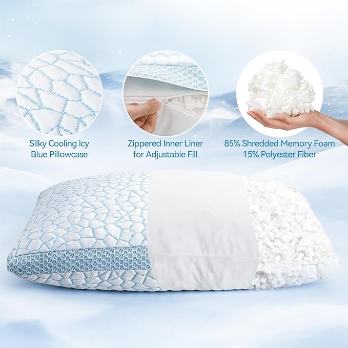QUTOOL Cooling Pillows for Sleeping,Shredded Memory Foam Pillows King Size Set of 1,Adjustable Soft & Firm Gel Bed Pillow for Side, Back, Stomach Sleepers