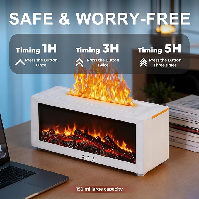 Fireplace Flame Essential Oil Diffuser, 7-Color LED Ultrasonic Aromatherapy Humidifier with Remote Control & Timer, 150ml Waterless Auto-Off Cool Mist Diffuser for Home Bedroom Office Yoga Black