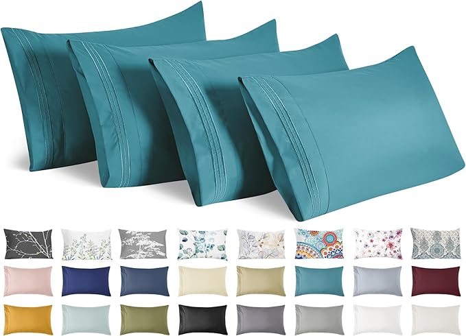 YIYEA Pillow Cases Standard Size Set of 4, Ultra Soft 1800TC Hotel Quality Double Brushed Microfiber Embroidered Pillowcases, Envelope Closure, Fade Resistant (20"x26", Teal)